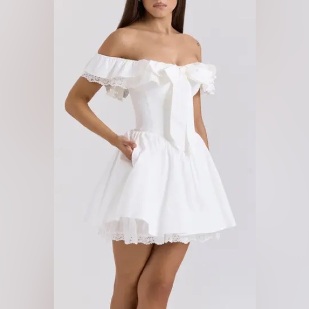 House of CB White Off-Shoulder Mini Dress with Bow